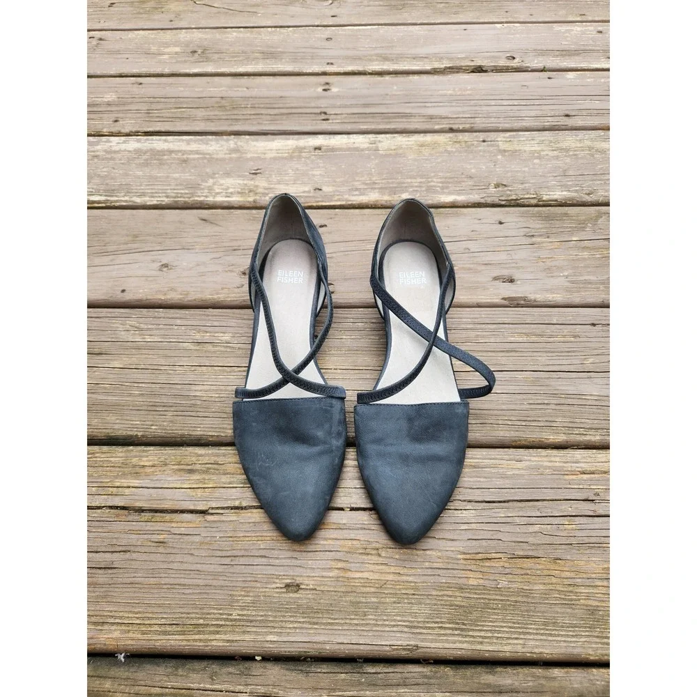 Eileen Fisher Pumps Navy Blue Nubuck Leather Crisscross Wedge Pointed Toe 9.5
